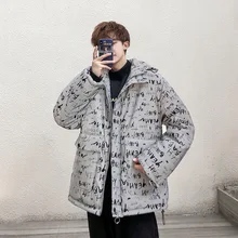 Зимнее Новое поступление, блестящее хлопковое пальто с большим карманом и капюшоном, Свободное пальто с принтом букв размера плюс, куртка