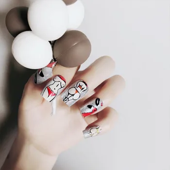

24pcs New Creative Sexy Bikini Lady Pattern Square Head Long Fake Nails tips Women Personality Shiny Artificial Nails with glue