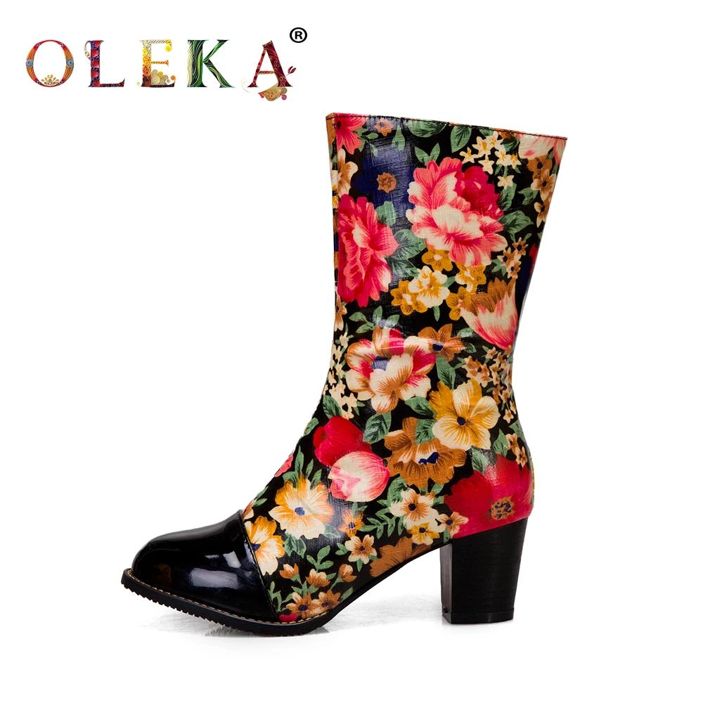 

OLEKA Mid-calf Winter Women Boots Square Heel Flower Round Toe Boots For Women Fashion Style Snow Boots New Shoes 2020 AS251