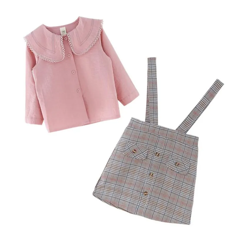 

New Fashion Kids Girls Autumn Clothes Set 2019 Korean Turn Down Collar Princess Shirt Blouse +Plaid Strap Skirt 2pc Kids Sets