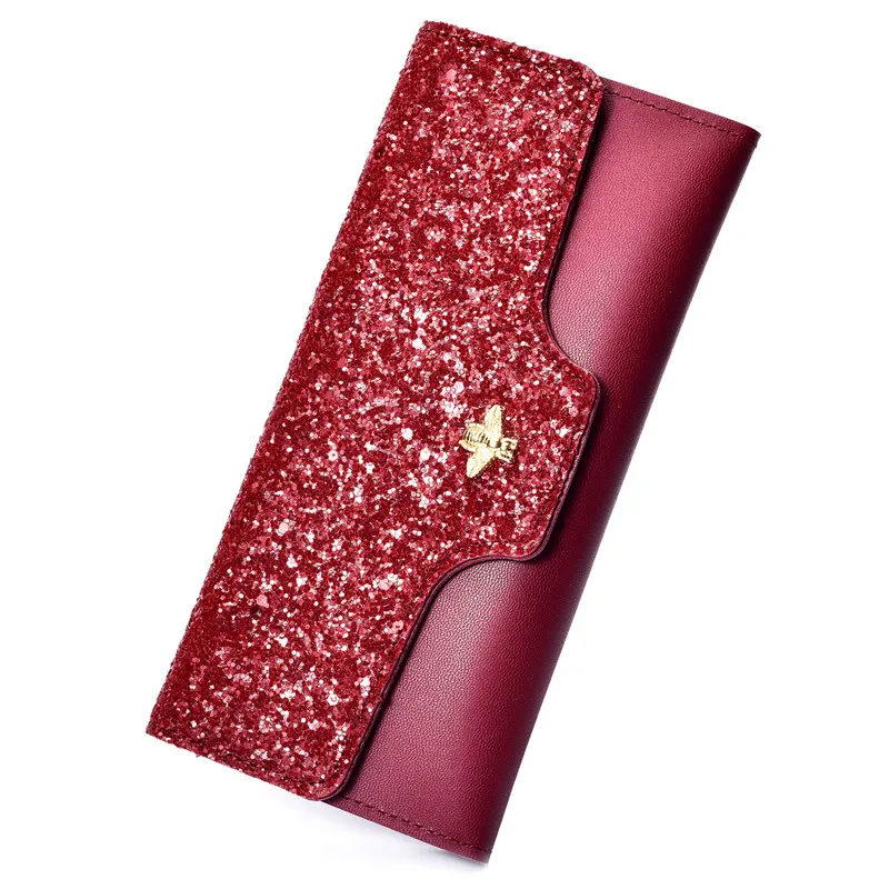 Long Wallet Wristband Women Purses Sequins Zipper Coin Purse Card Holder Wallets Female High Quality Clutch Money Bag PU Leather - Цвет: wine red