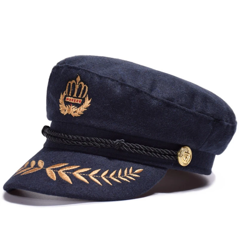 

2019 autumn and winter men and women explosion models berets high quality wheat ear embroidery flat top hat fashion British navy cap