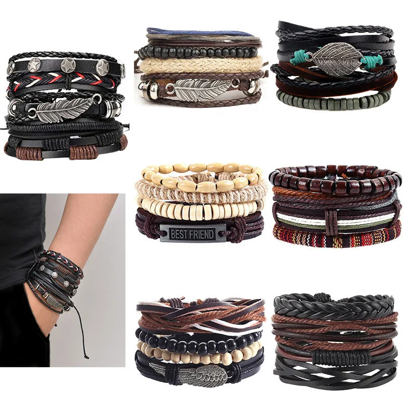 

Punk personality men's bracelet bohemian multilayer woven bracelet retro men and women bracelet set leaf beaded bracelet jewelry