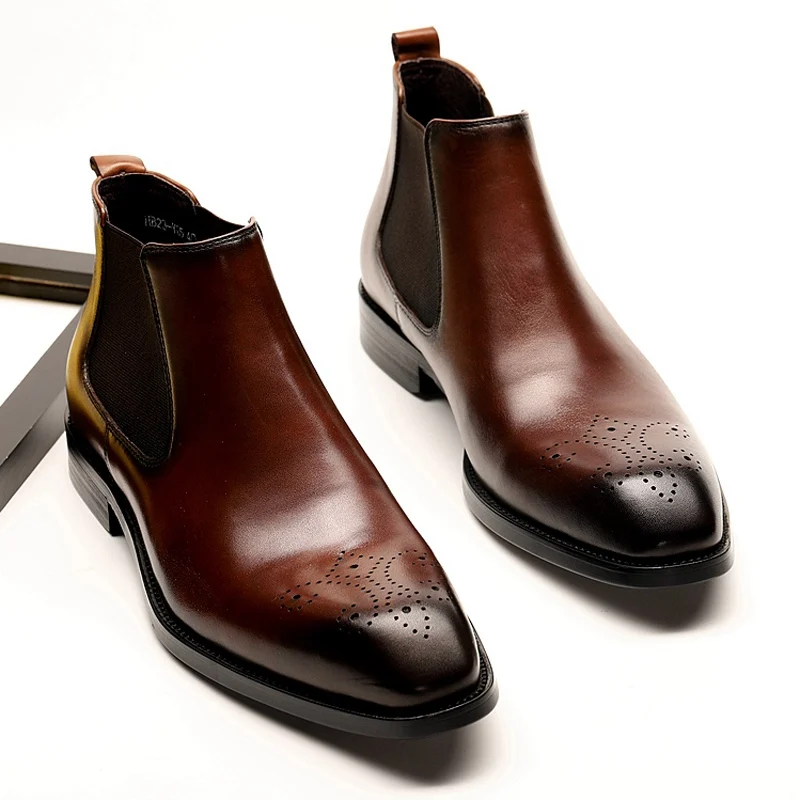 Мужские туфли Оксфорд с перфорацией ручной работы в британском стиле с острым носком мужские ковбойские ботильоны «Челси» из натуральной кожи с высоким берцем для верховой езды DX180