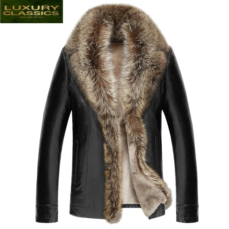 

Jacket Men Clothes Leather Raccoon Dog Fur Collar Winter Jackets for Men Plus Size Sheepskin Coat 6xl Chaqueta Hombre ZT5009