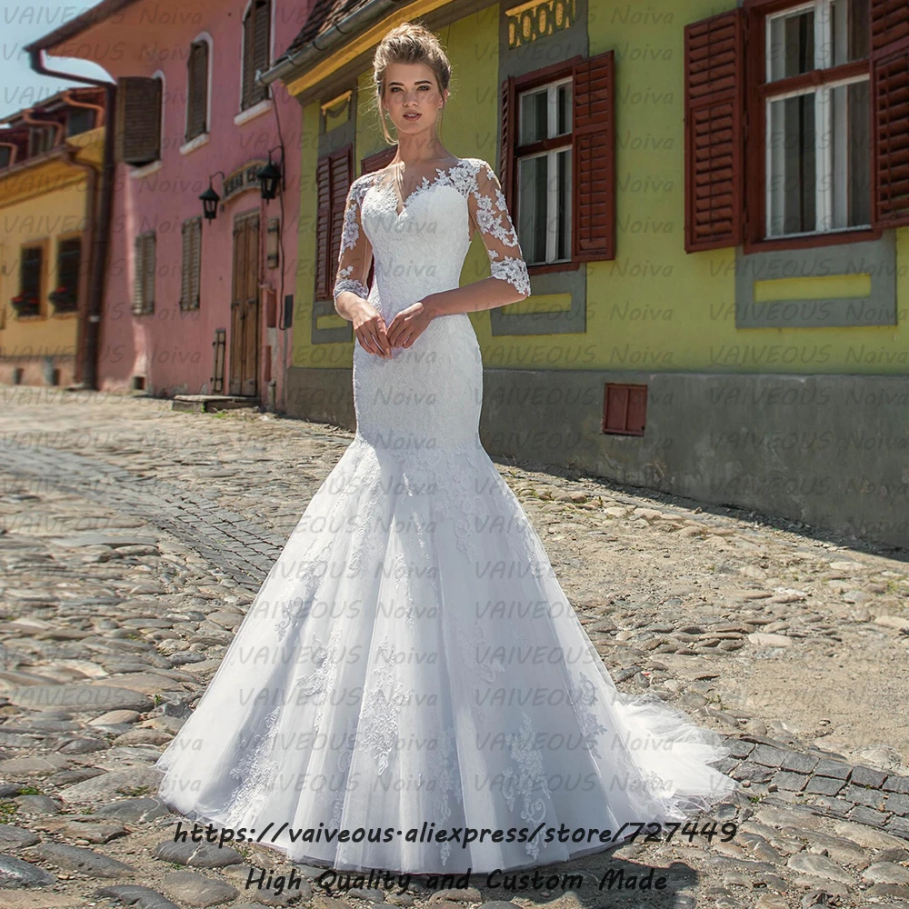 Vestido Novia, свадебное платье с длинным шлейфом, богемное свадебное платье с рукавами, романтическое кружевное свадебное платье русалки, Robe Mariage