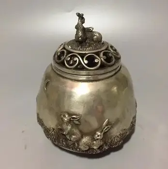 

Chinese Hand-made Tibet Silver Sculpture Small White Rabbit Incense Burner Censer Zodiac Animal Statue Home Decoration