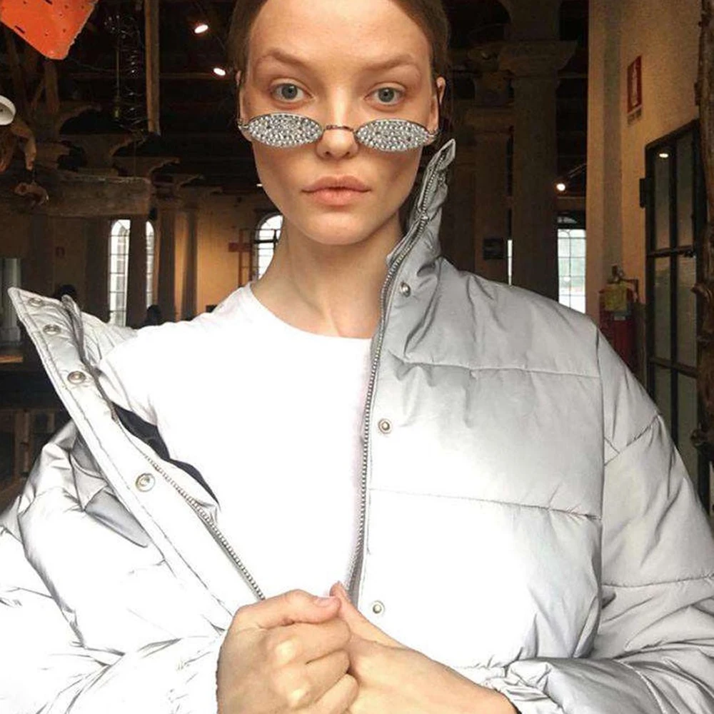 low cost  Women Oversize Cropped Jacket Night Reflective Solid Gray Zipper Button Winter Coat Female Warm Loo