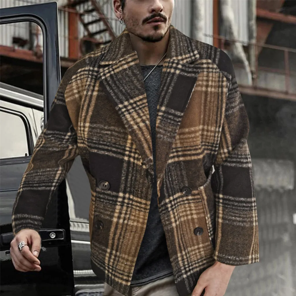 KLV Jackets men Autumn And Winter Male Coat Woolen Lattice Coat Loose Thick Windbreaker Long Sleeve Jacket new hot sale 70