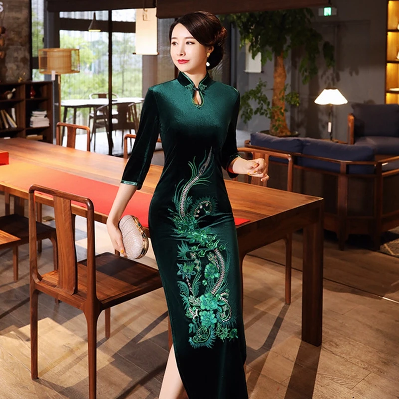 Золотой Бархат Ретро Улучшенный Qipao вышивка длинный абзац большой размер Подиум Тан костюм высокого класса cheongsam костюмы
