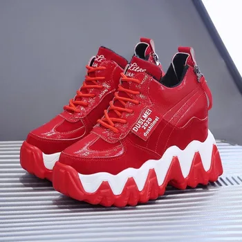 

Chunky Sneakers Platform Wedges Shoes For Women Red Fashion Designers Tenis Female 10cm Height Increasing Leather Casual Shoes