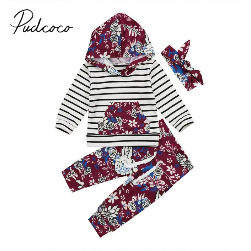 Коллекция года, весенне-осенняя одежда для малышей одежда с цветочным рисунком для новорожденных девочек толстовка с капюшоном в полоску и длинными рукавами, топы и штаны повязка на голову