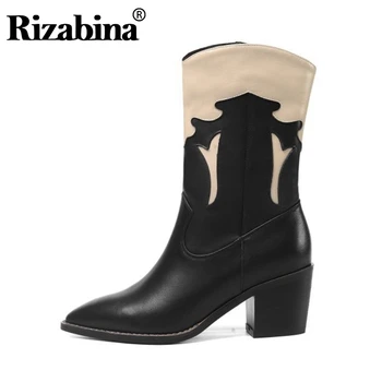 

RIZABINA Women Square Heels Mid Calf Boots Winter Warm Genuine Leather Shoes Women Office Pointed Toe Short Boots Size 34-40