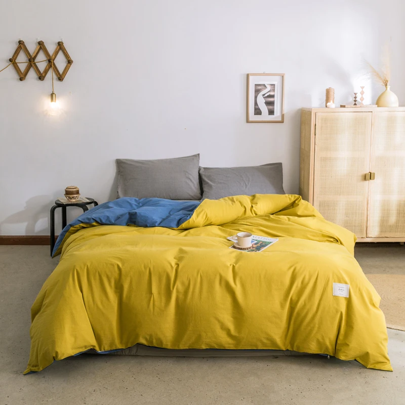 100% Cotton Bedding Set AB Version Duvet Cover Quilt Soild Color Queen Yellow Blue 87x94 In Breathable Comfortable | Дом и сад