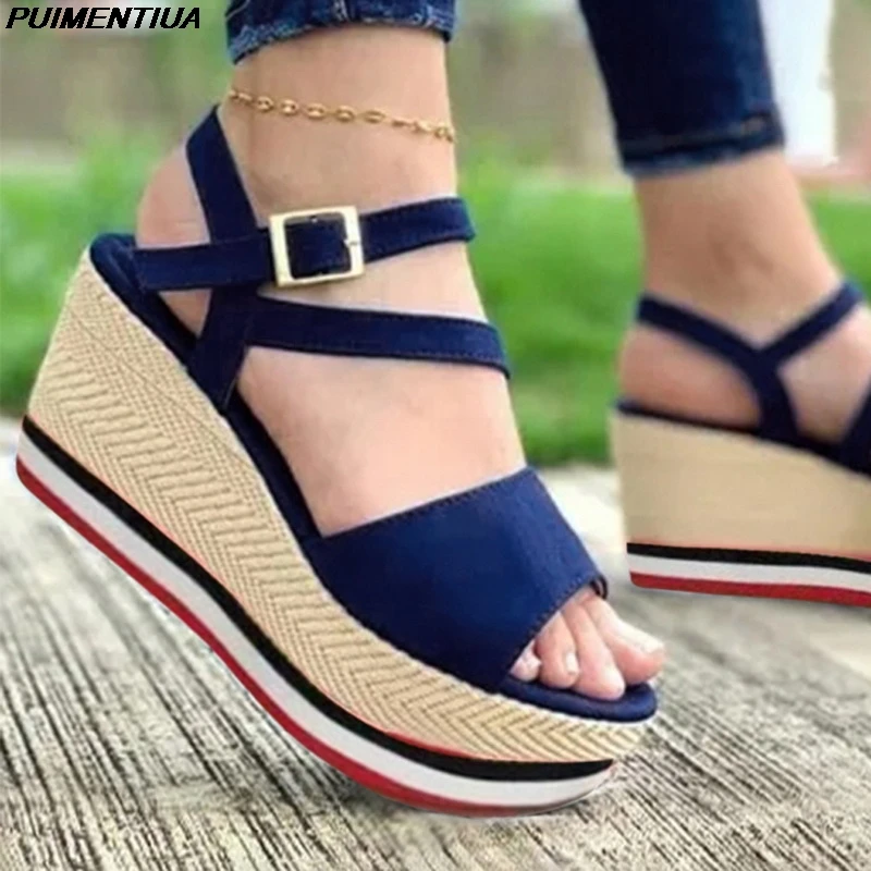 2021 Womens Sandals Vintage Wedge Shoes Woman Buckle Strap Straw Thick Bottom Flats Platform Sandals Flock Female Shoes Summer 2021 Womens Sandals Vintage Wedge Shoes Woman Buckle Strap Straw Thick Bottom Flats Platform Sandals Flock Female Shoes Summer