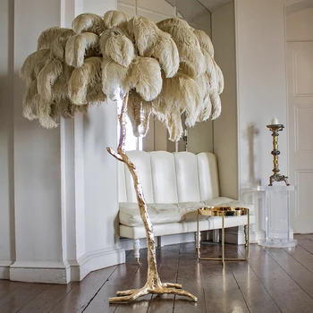 

Modern Luxury Ostrich Feather Copper Floor Lamp Brass Resin Nordic Standing Lamp for Villa Tripot Hotel Decor Indoor Lights