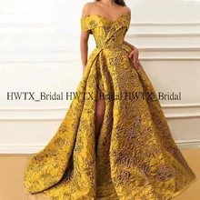 Высокое качество, заказное вечернее платье, желтое, вырез лодочкой, с высокими разрезами, а-силуэт, длинное, официальное платье с открытыми плечами,, арабские, Дубай, платья