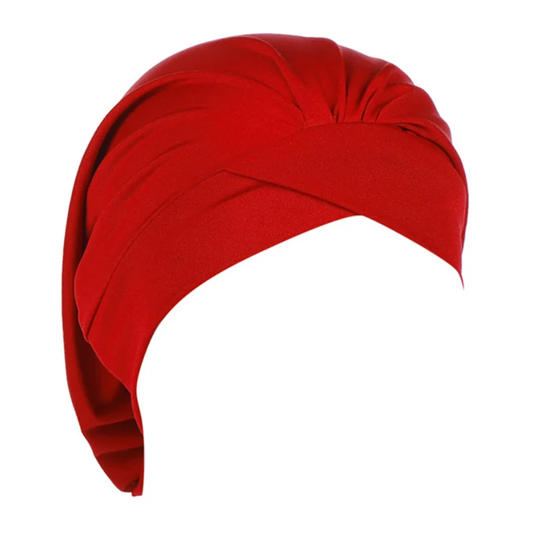 Bohemian Hijab Caps Muslim Women Solid Color Scarf Sun Protection Cap Muslim Multifunctional Turban Ramadan High Quality - Цвет: Алый