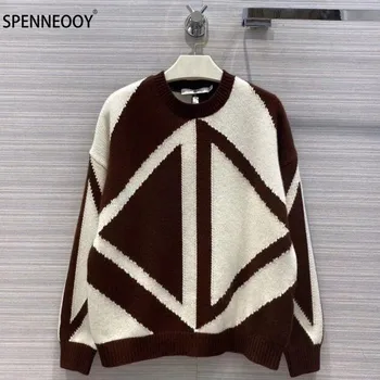 

SPENNEOOY 2020 Runway High-End Custom Autumn Winter Cashmere Geometry Pattern Loose Sweater Pullover Women