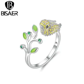 

BISAER Bird Jewelry Silver Color Bird And Tree Leaves Open Size Finger Rings for Women Fashion Jewelry ANEL EHR002