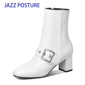 

Women Ankle Boots 2020 Buckle Strap Black Boots Side zipper PU Leather Female Platform white High Heels Boots z665