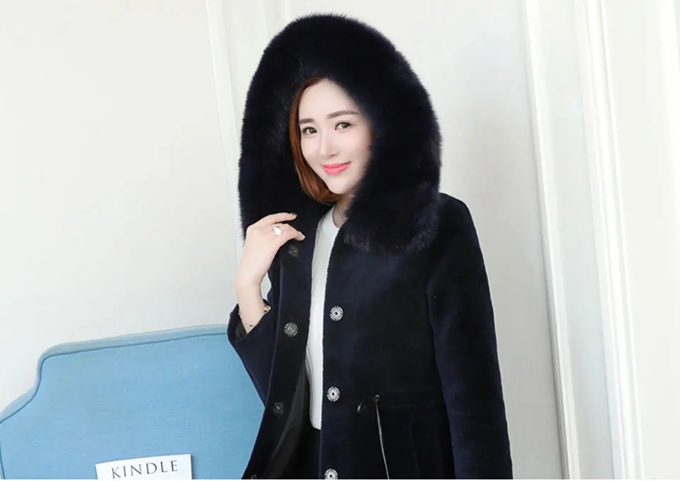 Овечьи стриженые пальто женские осенние зимние тонкие меховые пальто с капюшоном женские длинные секции мягкая теплая шерстяная куртка с воротником из лисьего меха Верхняя одежда