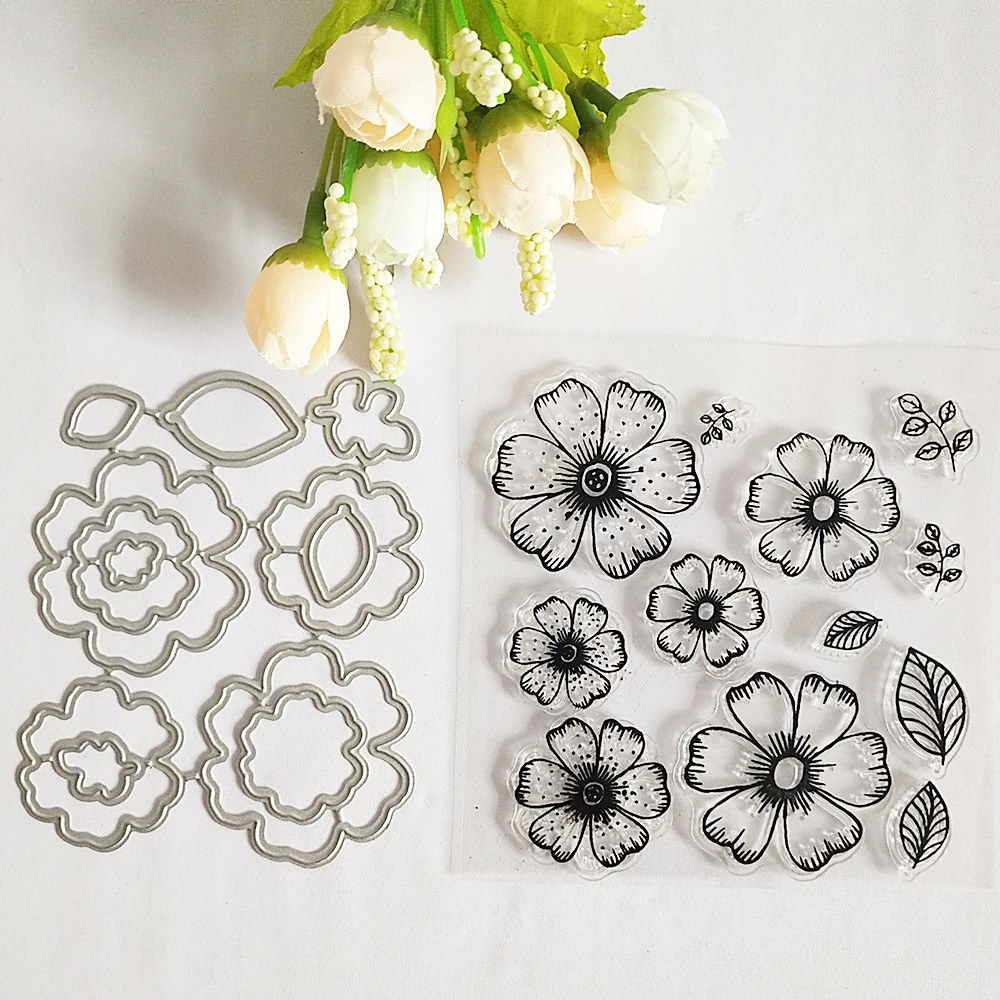 

AZSG Beautiful Flowers Leaves Petal Clear Stamps Cutting Dies Set For DIY Scrapbooking Photo Album Card Making Silicon Craft