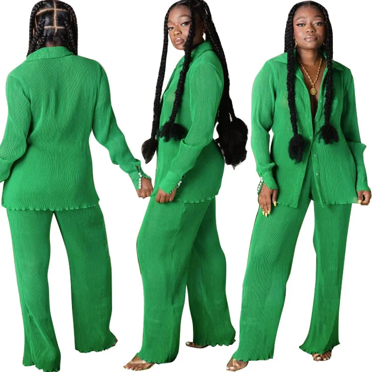 

African Clothes Women Autumn 2021 African Women Long Sleeve Green Two Pieces Sets Top and Pant African Suit