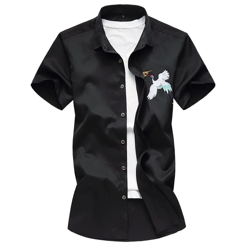 

Embroidered crane pattern Chemise Homme Short Sleeve Shirt Men Summer New Quality Polyester Cotton Luxury Camisa Masculina M-7XL