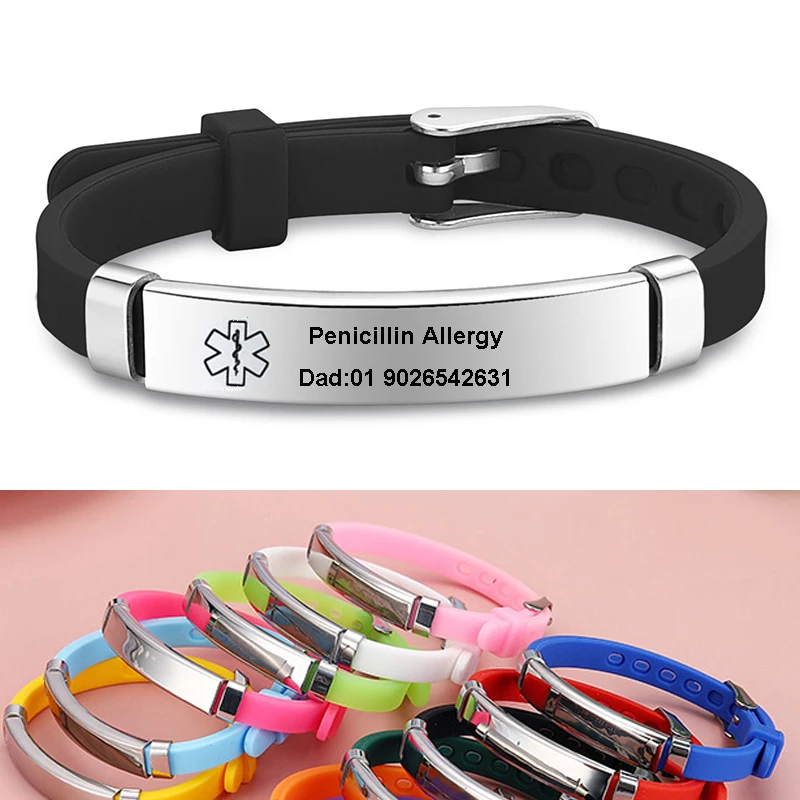 

Custom Engraving Medical Alert ID Bracelets for Boy Girls Child Silicone Adjustable ICE SOS Bangles Personalize Kids Jewelry