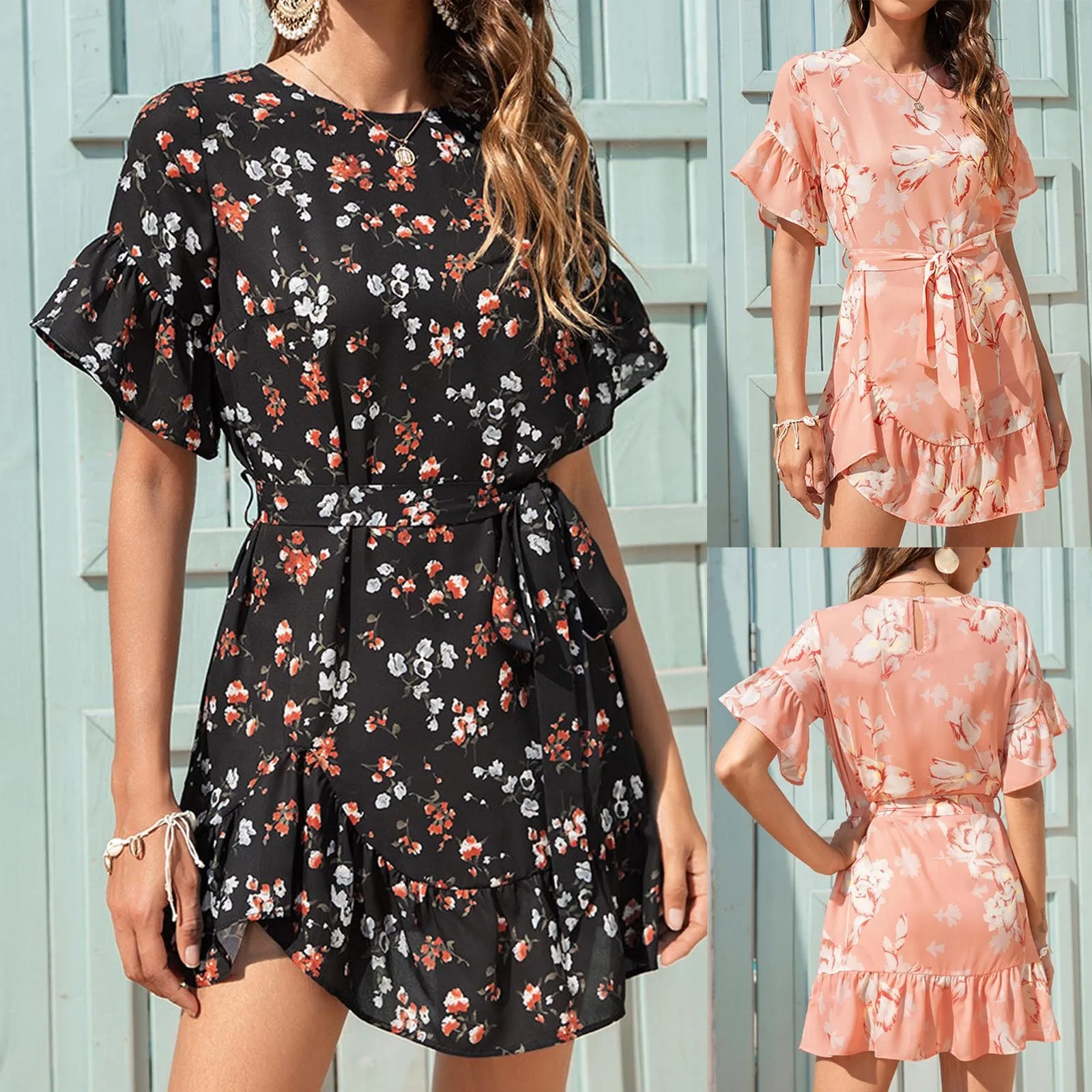 Women Dress Summer Casual Ruffle Floral Print High Waist Round Neck Ladies Short Sleeve Dress Loose Refreshing Женский Vestido 2