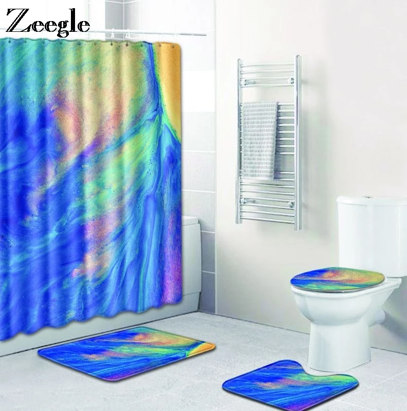 Zeegle Shower Curtain and Bath Mat Set Anti Slip Toilet Polyester Cover Mat Set Bathroom Shower Curtain with Hooks Toilet Rugs