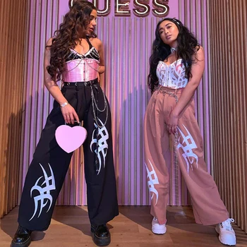 

Black/Pink Wide Leg Pants Women Streetwear Loose Casual Korean Fashion Pants Chic Printed Zipper High Waist Trousers