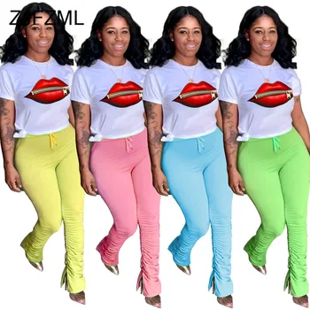 

Sexy Two Piece Set Summer Clothes For Women Mouth Lip Print Short Sleeve T Shirt And Split Hem Stacked Pant Casual Sporty Suits