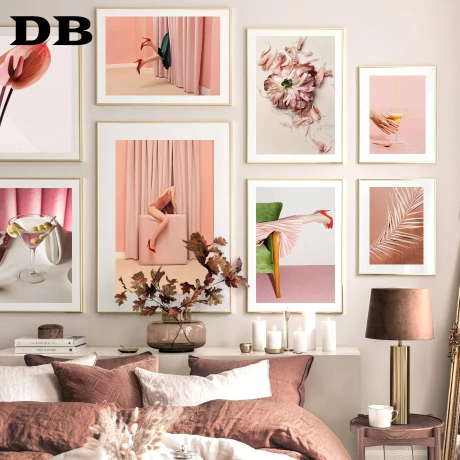 Женские розовые тени на каблуках Пальмовые Листья цветы латте настенный