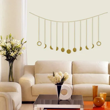 

Metal Round Piece Sun Moon Phase Pendant Wall Hanging Ornament with Chain for Background Living Room Bedroom Kid's Room