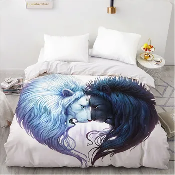 

3D Duvet Cover Quilt Covers Comforter Case Bed Linen Bedding Set Animal Design Custom Bedclothe White Yin Yang Lion 173x230 Size