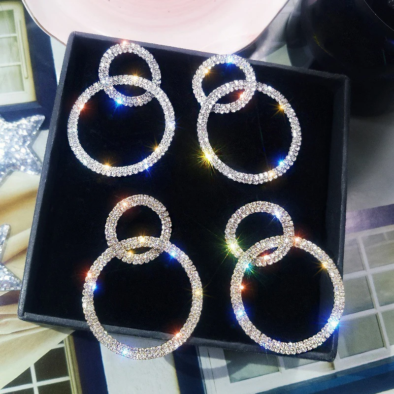 

Fashion Shining Circle Drop Earrings Precision Inlay Gold Silver Color Rhinestone Earrings for Women Wedding Party Jewelry