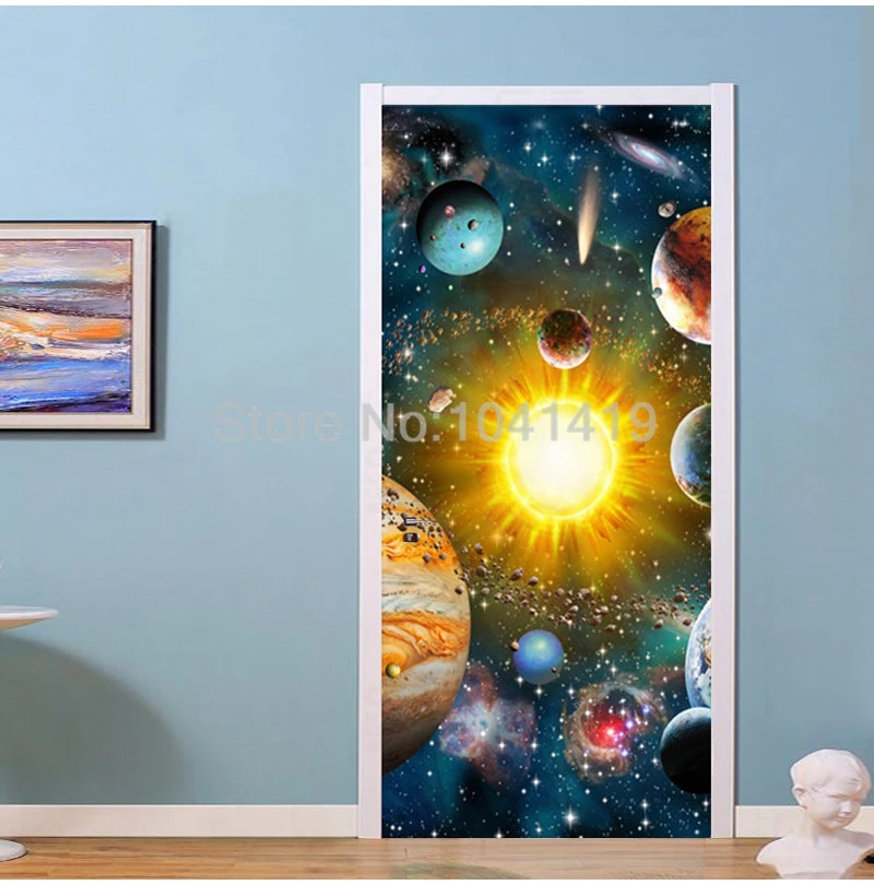 Современная 3D космическая Вселенная дверь наклейка детская спальня гостиная домашняя декоративная роспись стен самоклеющаяся плакат с изображением двери наклейки