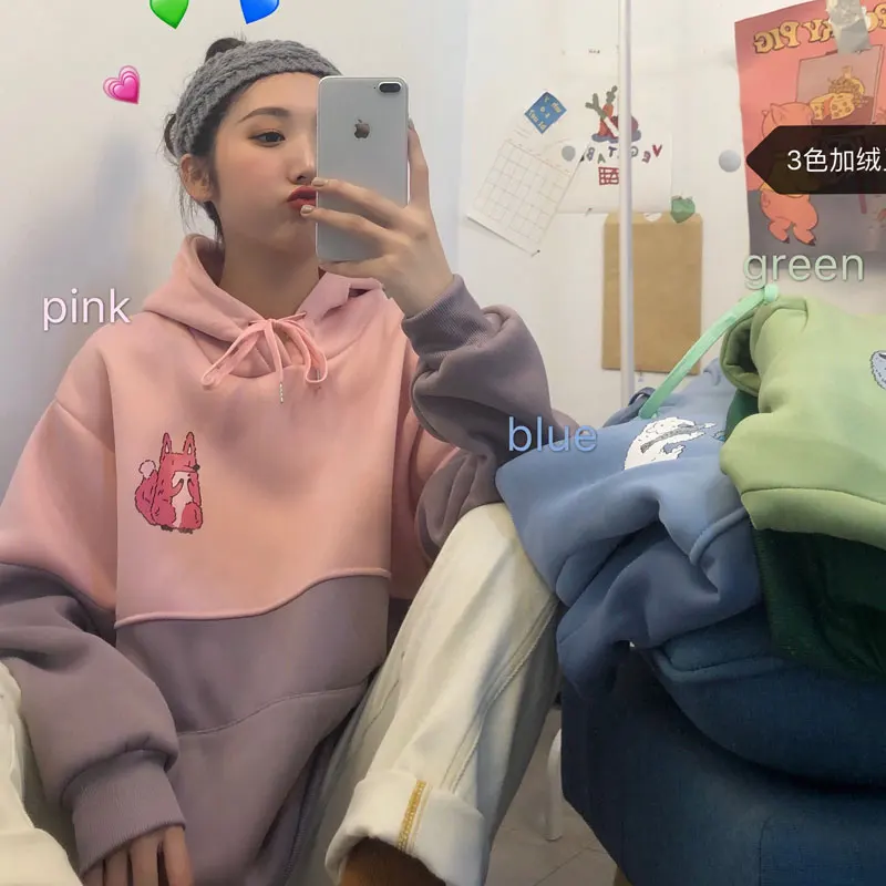 Autumn Women Sweatshirt Cartoon Print BF Style Loose Color matching Hooded Hoodie Female Students Plus velvet Wild Pullover Tops