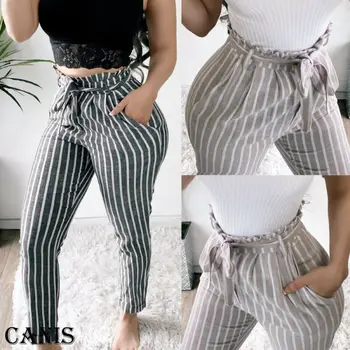 

2019 New Casual Womens Striped Trousers Ladies Party Summer Beach Straight Pants with Bow Slashes Size 6-12