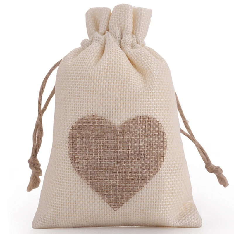 10pcs Fashion Drawstring Burlap Bags Heart Printed Cotton Drawstring Small Sack-pure Each Ten Christmas Gift Bags 10*14cm