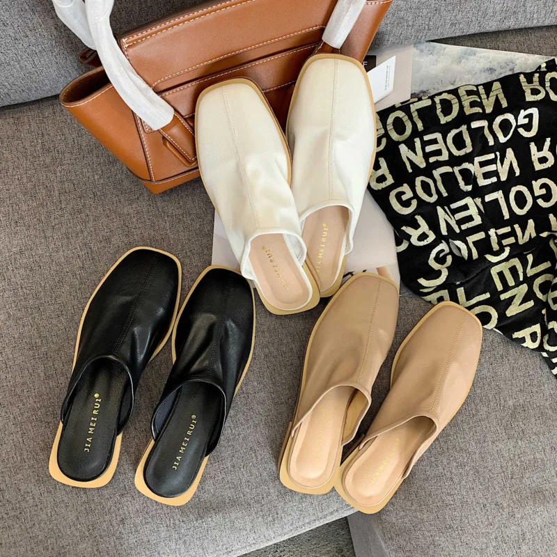 

2020 Summer Women Slippers Brand Casual Shoes Woman Mules Ulzzang Leather Flat Square Toe Slides Outside Beach Sandals Black