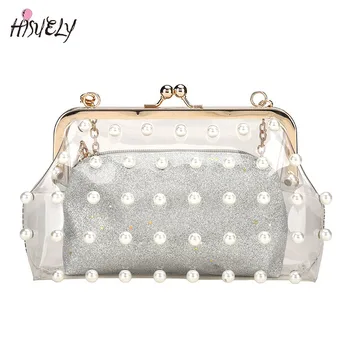

New Fashion Pearl Clear Transparent PVC Women Messenger Bag Hologram Laser Colorful Bag Girls Small Chain Clutch Crossbody Bags