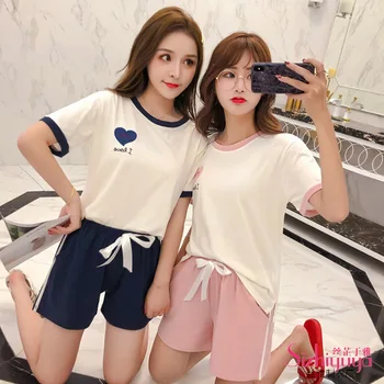 

Summer Girlfriend Sweet and Cute Student Pajamas Pure Cotton Turtleneck Round Neck Ladies Home Service Set