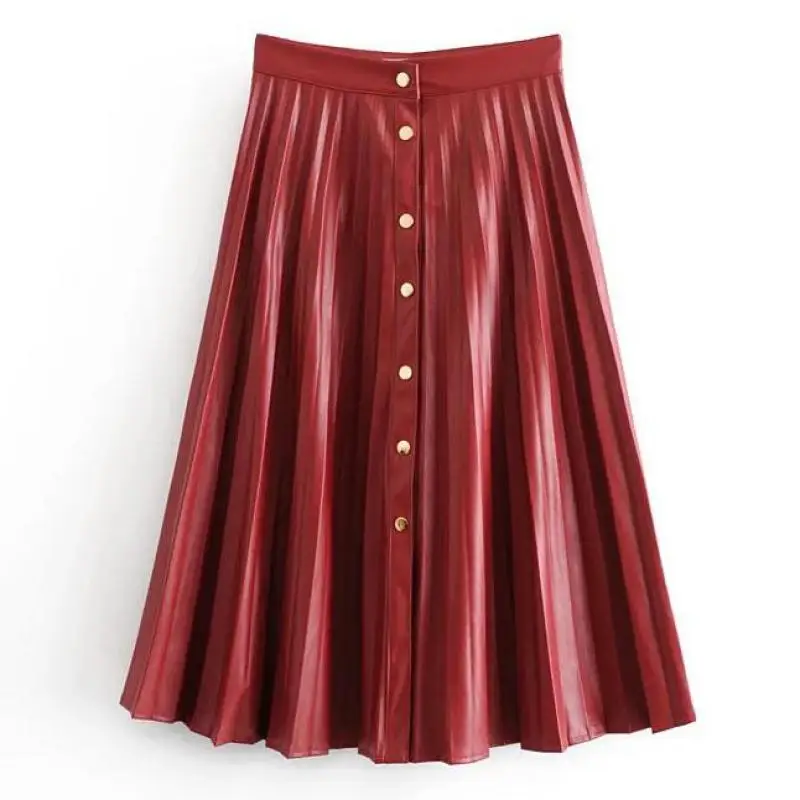 Women Wine Red Pu Leather Midi Skirts High Waist Faldas Mujer Zipper Fly Solid Office Wear Stylish Fashion Pleated Skirt T641