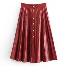 Women Wine Red Pu Leather Midi Skirts High Waist Faldas Mujer Zipper Fly Solid Office Wear Stylish Fashion Pleated Skirt T641