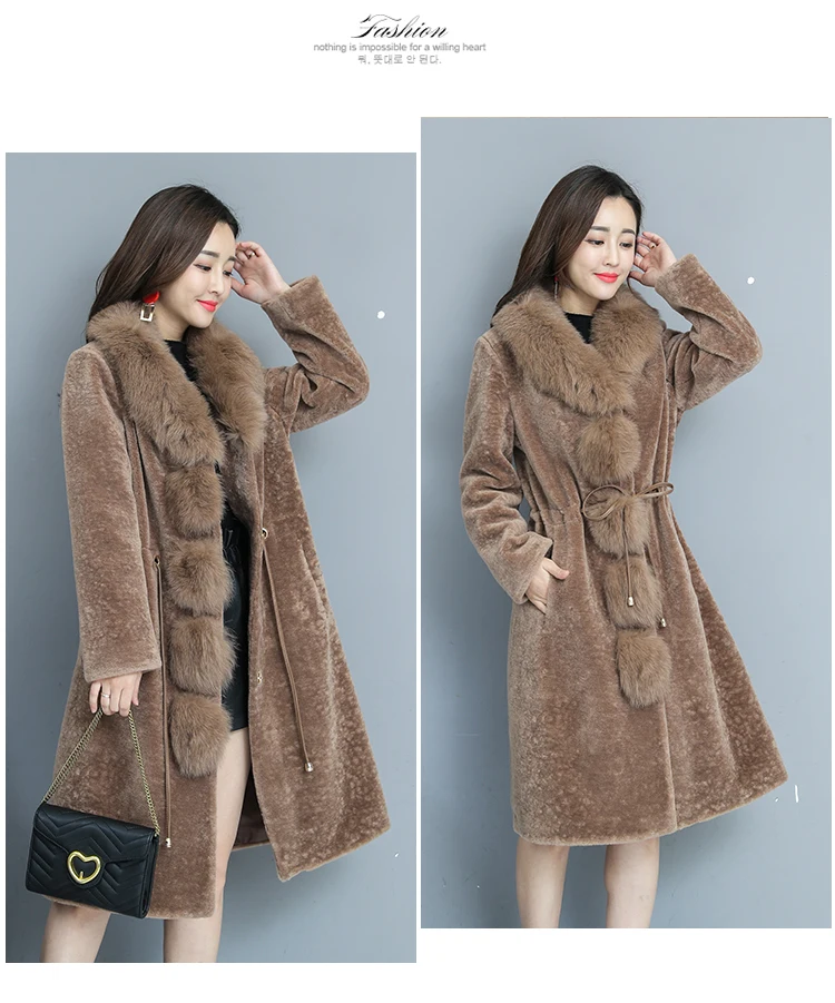 Real shot brand simple temperament plue size women's Thick Warm Fur Overcoat collar Merino Sheep Fur coat