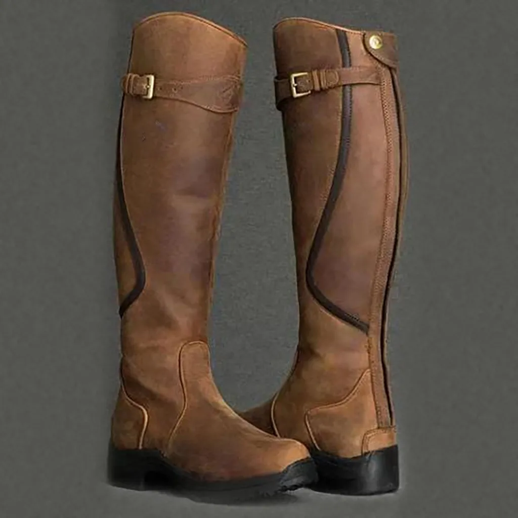 Зимние сапоги до бедра; цвет коричневый; женские винтажные сапоги до колена на квадратном каблуке и молнии; теплые сапоги с круглым носком и пряжкой; botas mujer;#1022