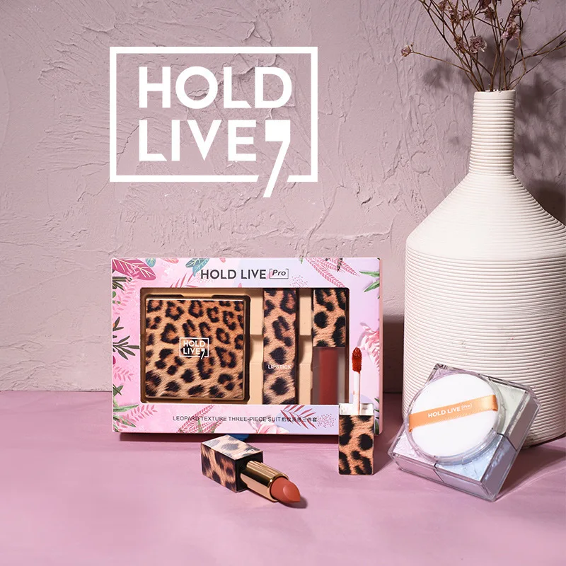 

Hold Live Leopord Pattern Textured Three-piece Set-Face Powder Matte Fog Surface Lipstick Lip Glaze Makeup Cheap Gift Box Case